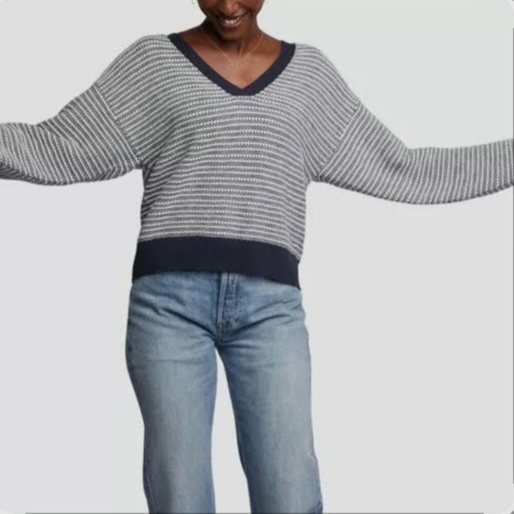 Able Jacinda Chunky Knit Herringbone Navy Blue V Neck Slouchy Cotton Sweater 1X